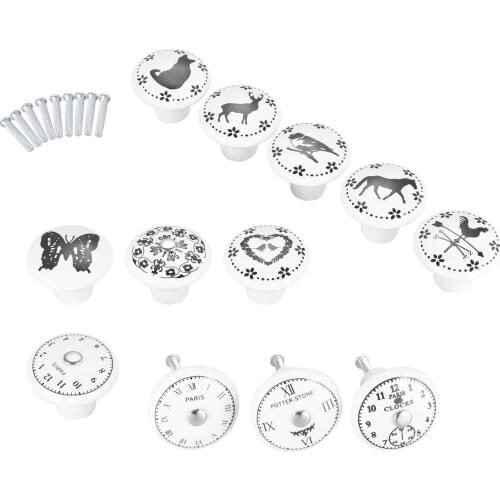 1Pc Kitchen Door Cabinets Cupboard Wardrobe Round Knobs Handles Clock Printed White Ceramic Furniture Pulls Handle Knob 38*32mm