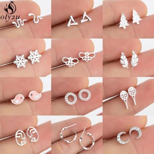 100% 925 Sterling Silver Crystal Leaf Stud Earrings for Women Small Birds Bee Circle Earings Fashion Jewelry Girls Pendients