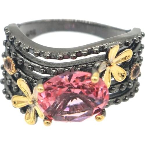 24x15mm Neo-Gothic Rose Created Pink Kunzite Green Emerald For Women Street Fashion Jewelry Black Gold Silver Rings
