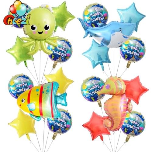 5pc Sea Animal Balloons Large Shark Tropical Fish Seahorse Octopus Birthday party decoration Kids toys Helium Globos baby shower