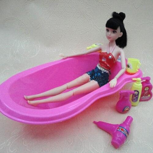 7 Items =1pcs Pink Doll Bathroom Bathtub Set + 6pcs Dolls Toiletries Hairdryers For 1/6 Dolls House Dollhouse Furniture