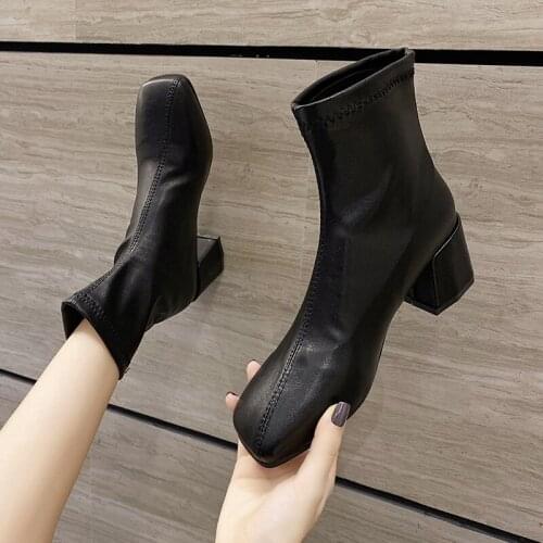 Boots Female British Style 2021 Spring and Autumn Single Boots Square Toe Thick Heel Net Red Thin High Heels Short Boots