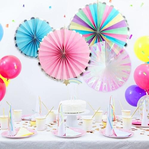 Paper Fan Flower Set Bronzing Paper Flower Fan Folding Ceiling Fans Children Baby Birthday Unicorn Baby Shower Party Supplies