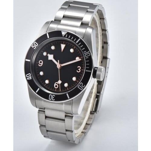 Watch automatic movement mens black bezel mineral glass 41mm steel shell bracelet luminous hand aluminum frame sterile DT08