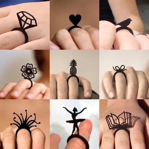 Black Acrylic Ring Pineapple Heart Anemone Bird Cherry Blossom Ribbon Ballet Book Geometric Irregular Fashion Ring Party Jewelry