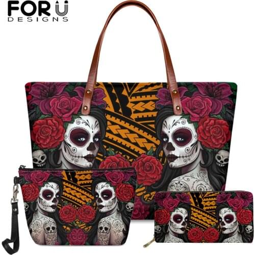 FORUDESIGNS Day of the Dead Skull Girl Print Designer Casual Shoulder Bags Polynesian Tribe Hand Bag for Woman Leather Purse Sac