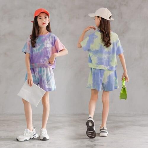 Girls Tie Dye Short Set Cotton Kids Casual Clothes Sports 2Pcs Top T-Shirt+Shorts Children Sets 2021 New Summer for 6 To 15 Year