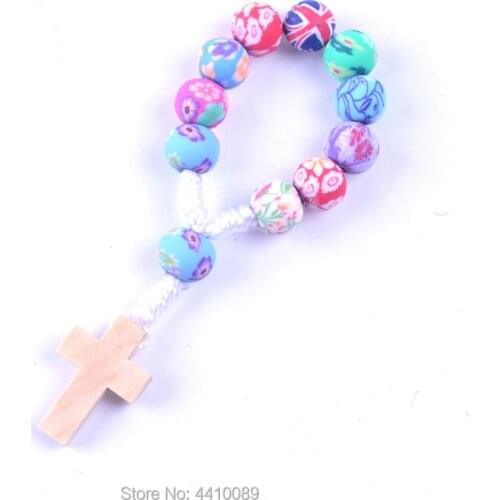 Colorful Cord Decade Rosary Beautiful Polymer Clay Bead Wood Cross White Line
