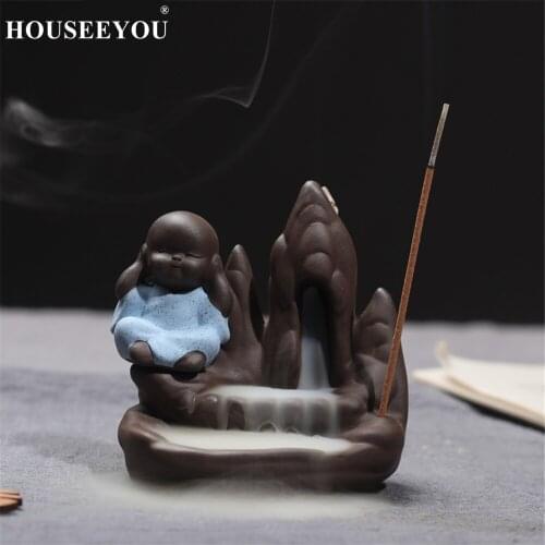 Incense Burner + 10Pc Incense Cones Creative Home Decor The Little Monk Small Buddha Censer Backflow Incense Burner Use In house