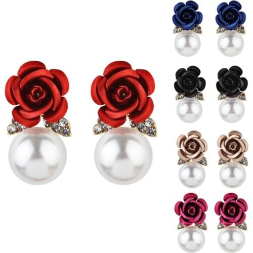 Kuziduocai New Fashion Jewelry Pearl Metal Flower Rose Rhinestone Bright Statement Stud Earrings For Women Aretes Brincos E-1615