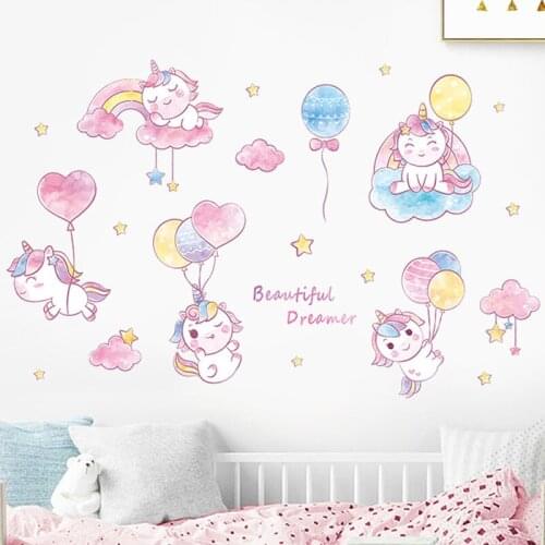 Cartoon Unicorn Wall Stickers DIY Baby Kids Room Decor Balloon Wall Decoration Vinyl Mural art Decals Home Decoration