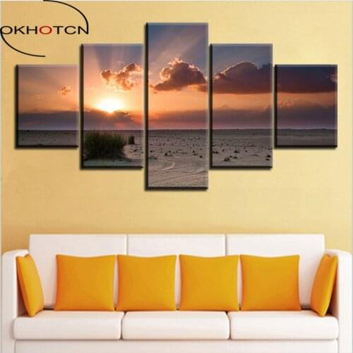 OKHOTCN White Sand in The Sunset Light Framed Oil Painting Canvas Ocean Prints Wall Art Pictures For Living Room Decorations