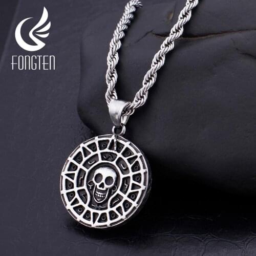 Fongten Spider Web Skull Round Pendant Necklace Gold/Silver Color Men Charm Dog Tag Long Chain Necklaces Male Jewelry