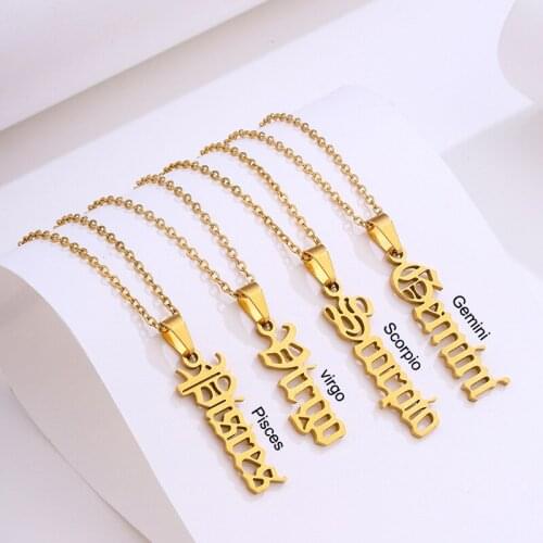 Fashion Vertical Word Necklace Jewelry Stainless Steel 12 Constellation Letter Necklace for Women Simple Trend Men Birthday Gift