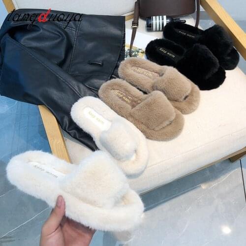 Furry slides Faux Fur Home Slippers Fluffy Women Shoes Slides Comfort Furry Flat Sandals Female Indoor Slippers Flops