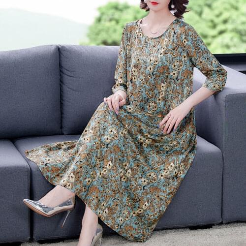 Silk Dresses For Women 2021 Summer Fashion O-Neck Half Sleeve Loose Printed Floral Retro Clothes Elegant Plus Size Robes zh1055