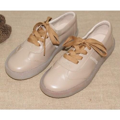 Spring Casual Flats Shoes Genuine Leather Women Lace Up Round Toe Classics soft Retro Comfortable drive womens shoes 2020 White