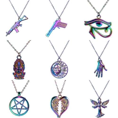 Gothic Hip Hop Gun Shaped Lucky Evil Eye Pendant Necklaces Angel Wing Sun And Moon Star Chain Women Collier Party Gift Jewelry
