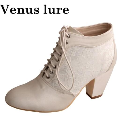 Block Heel Bridal Lace Boots Lace up Women White Wedding Boots Closed Toe