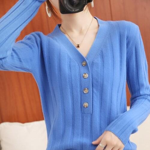 2020 womens wool sweater V-neck single-breasted pullover fall and winter outer wear loose wild cashmere knitted bottoming shirt