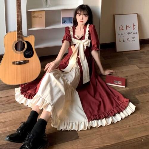 French Square Collar Bow Dress Women Vintage College Wind Sweet Lolita Dresses Summer Loose Puff Sleeve Elegant Fairy Dress Robe