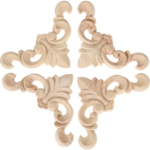 4pcs Woodcarving Corner Decal Unpainted Natural Wood Decal Oak Triangle Onlay Applique Frame Home 3D Flower Decor 8*8cm Fittings