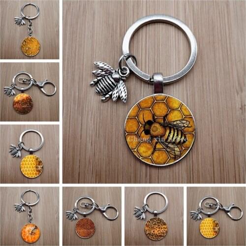 Cute insect bee keychain fashion geometric honeycomb honey bee 3D printed glass dome key ring chain bumblebee trinket