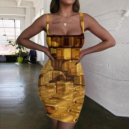 Giyu Brand Abstract Dresses Women Psychedelic Vestido Sexy Golden Halter Sleeveless Womens Clothing Club New Korean Style Femme