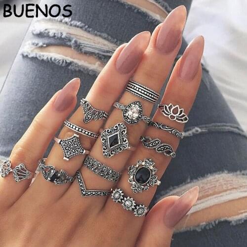 BUENOS 15 Pcs/set Bohemian Retro Crystal Flower Leaves Hollow Lotus Gem Women Ring Set Wedding Anniversary Gift CE0589