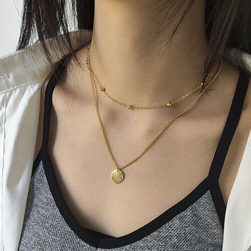 925 Sterling Silver Two-layer Chain Round Brand Pendant Necklace INS Hip-hop Bead Thick Clavicle Chain Long Sweater