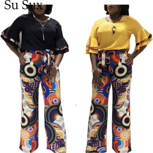 Elegant Two Piece Set Women Flare Sleeve Top&Wide Leg Pants Set Plus Size Tracksuit Outfits High Quality Set African Clothes