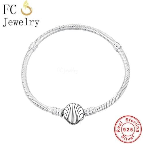 FC Jewelry 925 Sterling Silver Sea Shell Shape Clips Bracelet Fit Charm Bead Dangle Snake Chain For Women No Brand Logo Berloque