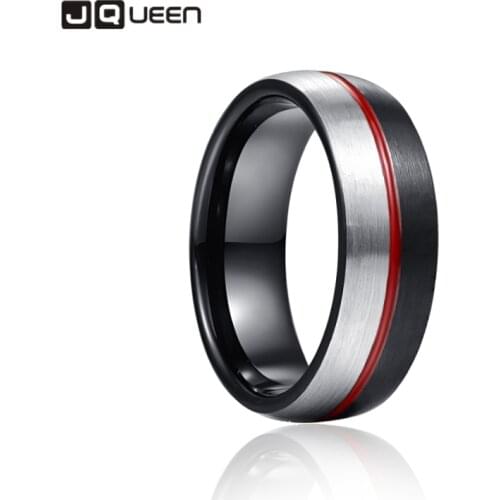 JQUEEN 8mm Black Steel Red Glue Tungsten Carbide Ring Wedding Band for Men Rings Engagement Jewelry