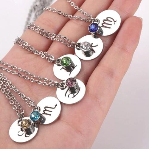 Fashion Smooth Stainless Steel Zodiac Sign 12 Constellation Pendant Necklace Lucky Birthstone Zircon Chain For Women Party Gifts