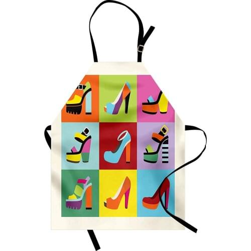Fashion Apron Retro Funky Stiletto Heels and Wedge Shoes Design in Pop Art Style Colorful Tiles Kitchen Bib Apron Cooking Baking
