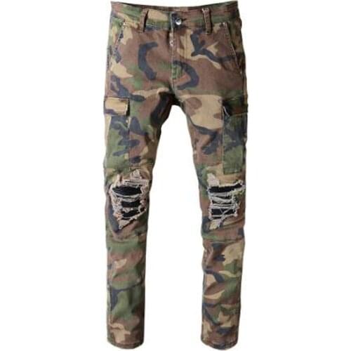 Mens camouflage printed patchwork military biker jeans for moto Slim fit straight army green pockets cargo denim pants trousers
