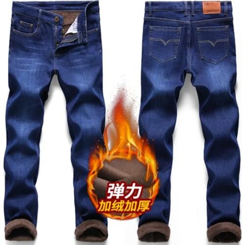 Men Winter Business Casual Thick Warm Straight Slim Fit Blue Jeans Stretch Denim Pants Classic Cowboys Wool Trousers