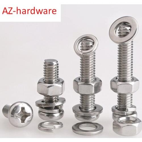 M2M2.5M3M4 Stainless Steel 304 Round Head Cross Screw Nut Gasket Set Complete Spring Pad Combination 50PCS
