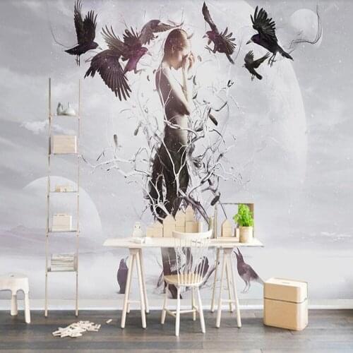 Milofi custom wallpaper mural European minimalist abstract beautiful figure sky crow tree background wall decoration wallpaper