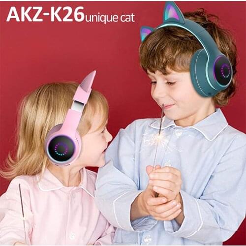 AKZ-K26 Earphones Cat Ear Headphones RGB Bluetooth Headphones Stereo Over-head Wireless Headset Gamer With Mic Support TF Card