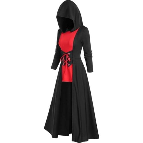 Autumn And Winter Medieval Vintage Dress Lace-up Hooded Robe Cloak Knight Gothic Wizard Vampire Cosplay Halloween Costume