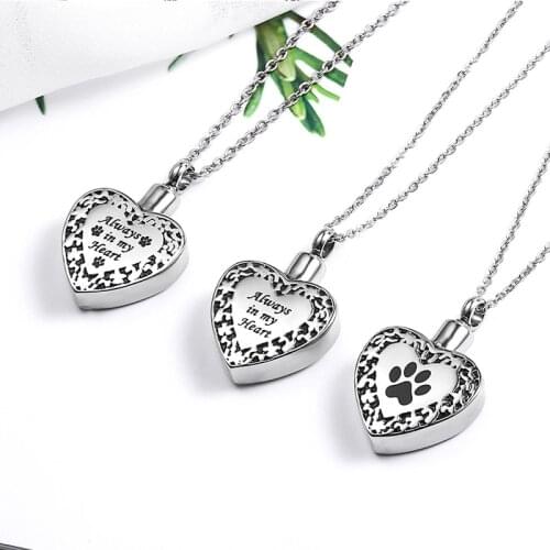 Heart-Shaped Pendant Paw Print urn ashes Always in my Heart Engrave Pet Cremation Ash Urn Stainless Steel essential oil necklace