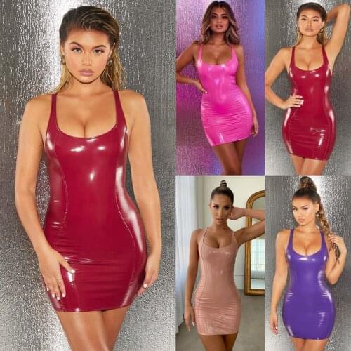 Sexy Women PU Leather Zipper Sleeveless Low Cut Back Zipper Elastic Square Collar Club Wear Solid Bodycon Party Ladies Dress