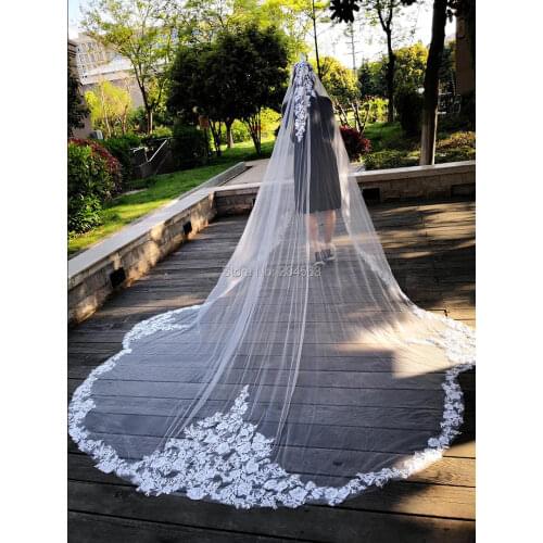 Real Photo Unique One Layer Wedding Veil With Comb Lace Edge Bridal Veils Cathedral Wedding Veil M2020