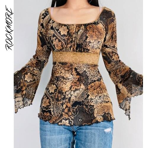 Rockmore Vintage Print Top Flare Sleeve Aesthetic Lace Patchwork WomenS Tshirts Retro Streetwear Brown Tee Fairy Grunge Clothes