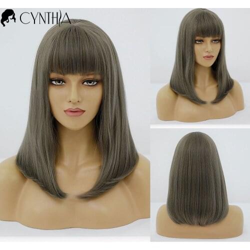 Ombre Silky Straight Black To Grey Daily Synthetic Wigs With Bangs For Black White Women Heat Resistant Natural Fiber Wig