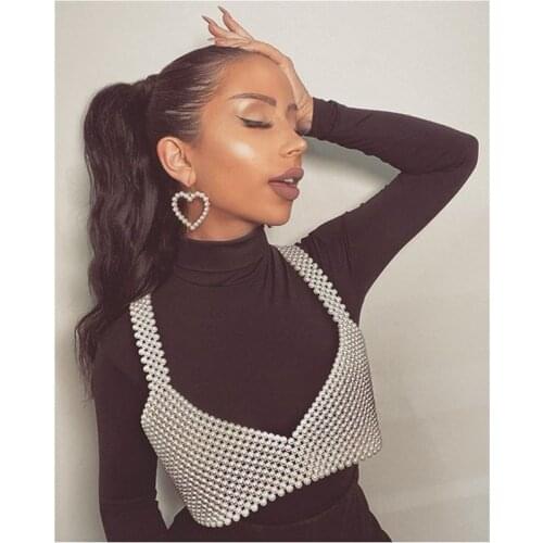 Free Shipping New Fashion Knitted Pearls Crop Top Women Exquisite Sexy Outside Beading Tank Tops Camis Vadim Streetwear Clothes