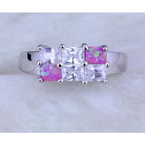 Love Monologue Excellent Rectangle Pink Fire Opal & Cubic Zirconia Silver Color Rings J0515 Size 6/7/8/9 Fast Shipping