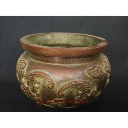 YIZHU CULTUER ART Superb Collected Old China Bronze Carving Propitious 5 Bat Incense Burner Statue