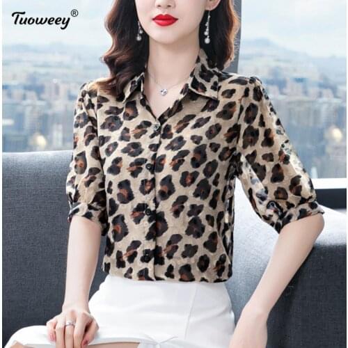 Summer leopard Shirt Women Office Bottom Vintage Floral Print Top half sleeve Chiffon Blouse Autumn Spring Korea Shirts Blusas